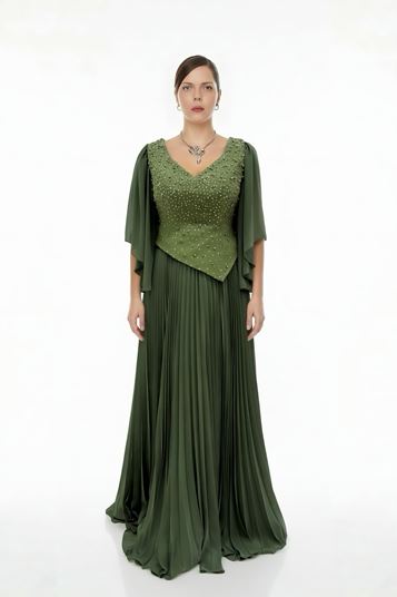 Plus Size Pleated Evening Dress with Stone Embellishments